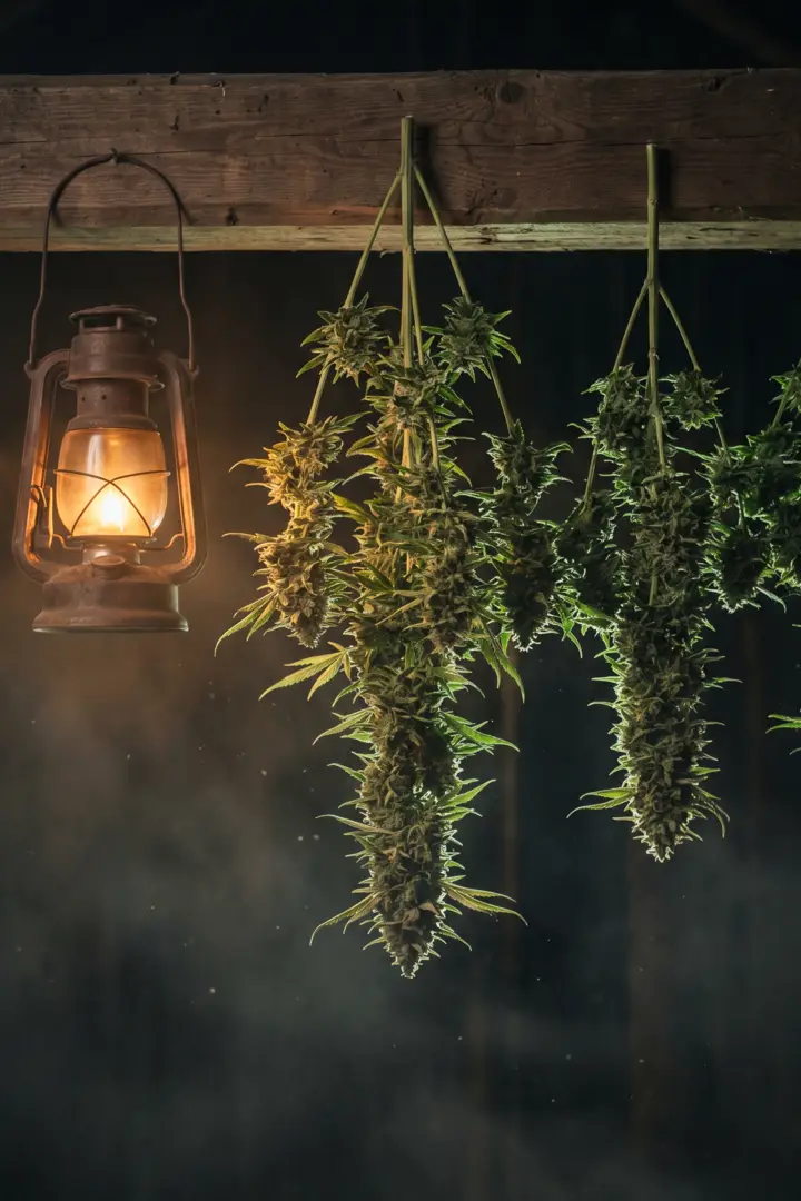 Cannabis branches hanging to dry from a barn beam beside a lit lantern