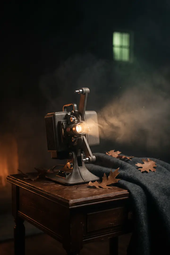 A vintage film projector casting its beam through fog beside a folded wool blanket