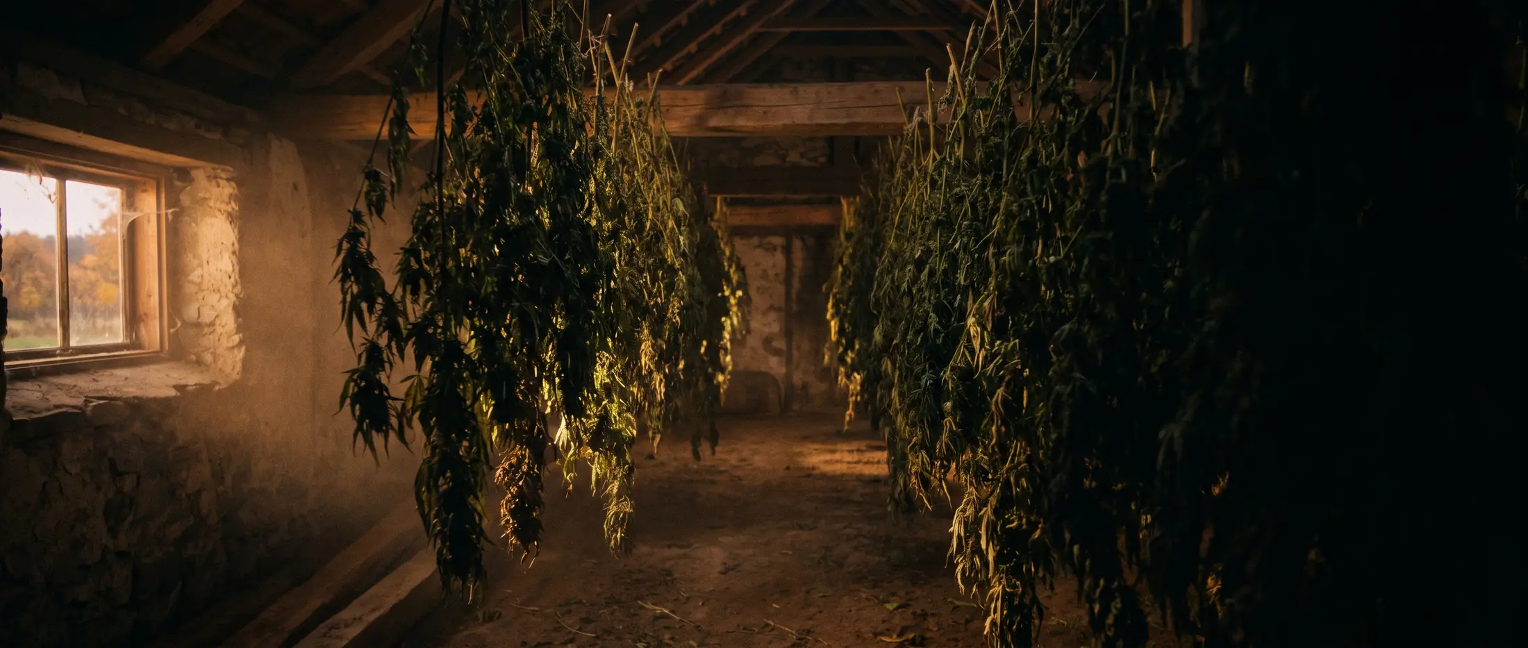 Rows of whole cannabis plants hanging to dry in a dim barn, amber evening light raking through a small window