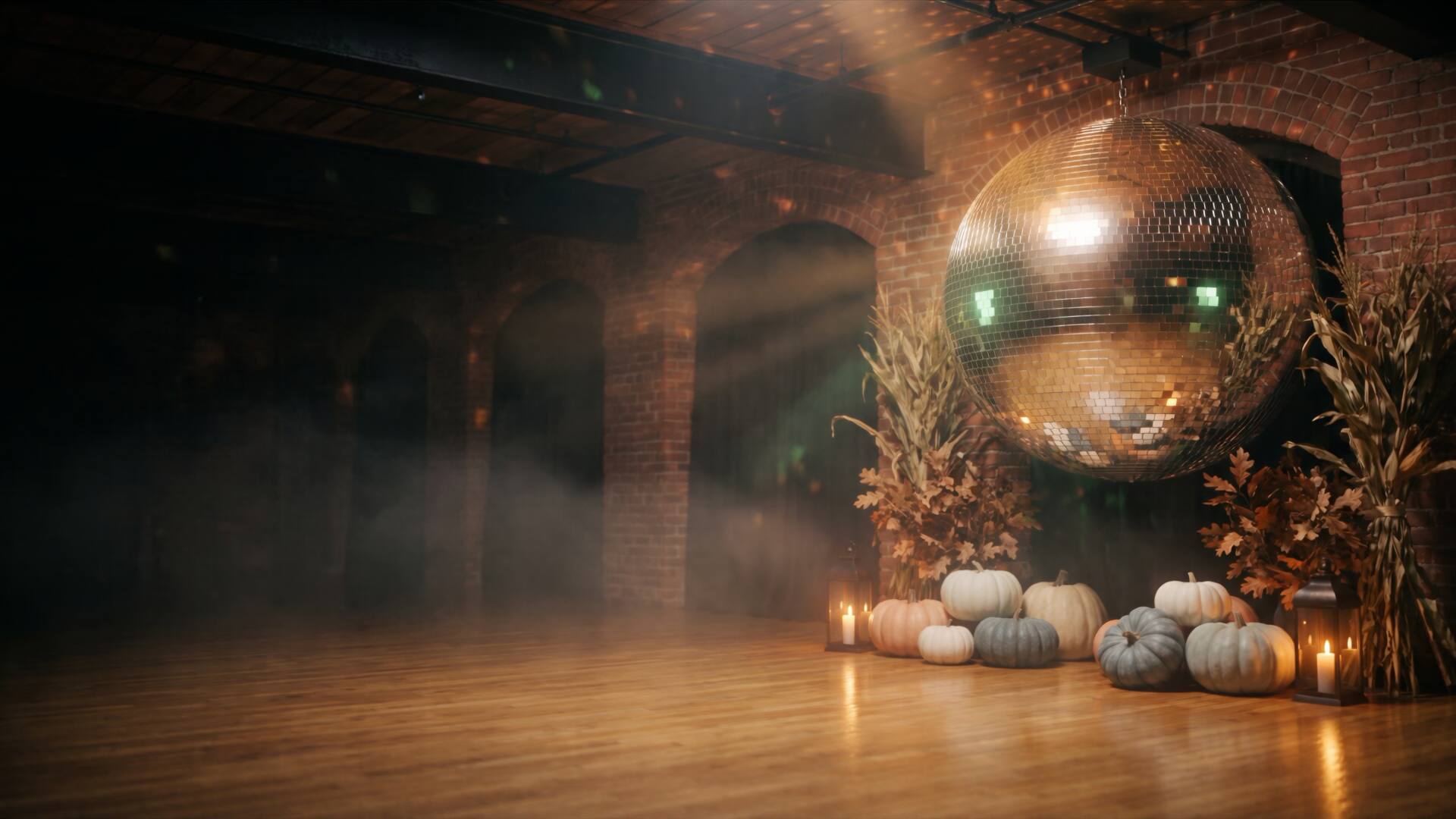 Art-directed autumn scene: a mirror ball hung like a harvest moon over a fog-filled brick loft, heirloom pumpkins and dried corn stalks below